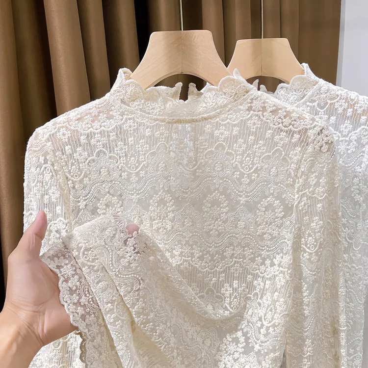 半高领长袖洋气宽松型打底衫女蕾丝夏季时尚镂空百搭气质山上衣