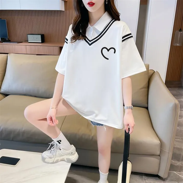 POLO领假两件短袖t恤女2025夏季新款宽松设计感大码胖mm半袖上衣