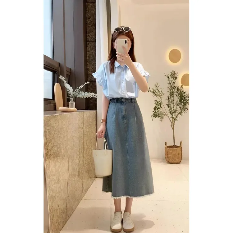 夏季小个子轻熟风气质穿搭套装裙女雪纺短袖衬衫牛仔半身裙两件套