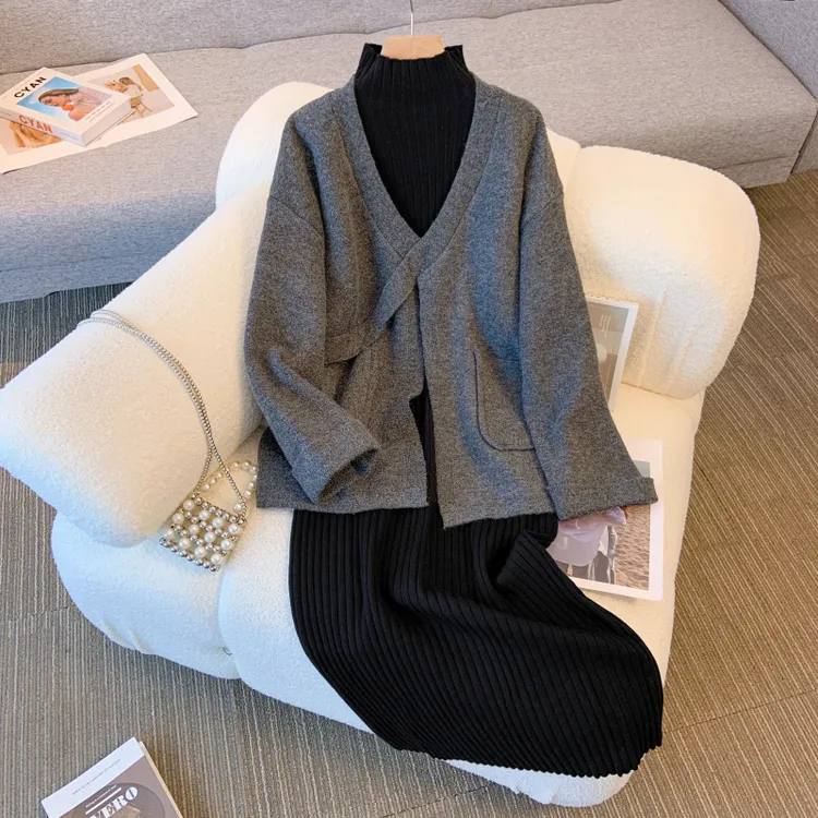 微胖妹妹大码开衫毛衣外套针织连衣裙两件套女秋冬新款一整套装