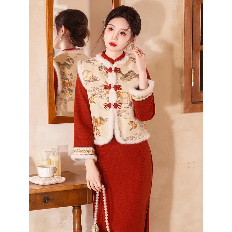 【春节新款】微胖妹妹大码新中式拜服套装旗袍马甲冬季保暖两件套潮