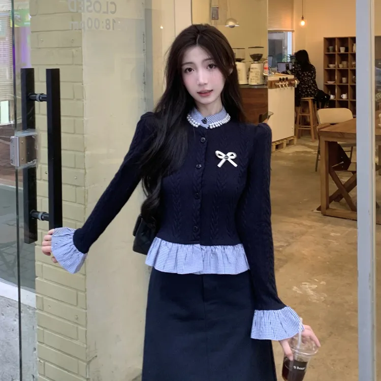 微胖妹妹大码别致针织衫女2024秋季学院风时尚百搭显瘦半身裙套装