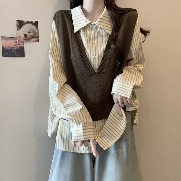 微胖妹妹大码假两件马甲拼接条纹长袖衬衫女秋季显瘦遮肚别致上衣