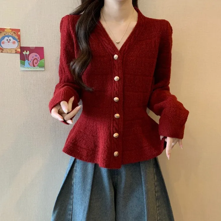 微胖妹妹大码小香风针织开衫外套女秋冬季显瘦v领毛衣本命年上衣