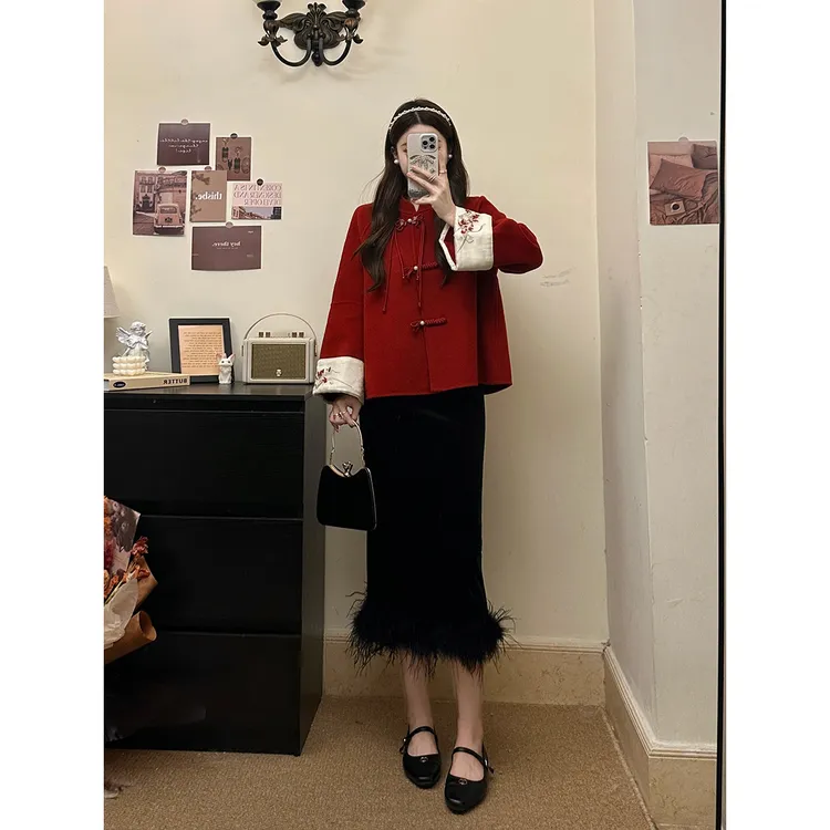 【新年穿搭】微胖妹妹大码新中式双面呢短款大衣秋冬毛呢外套两件套