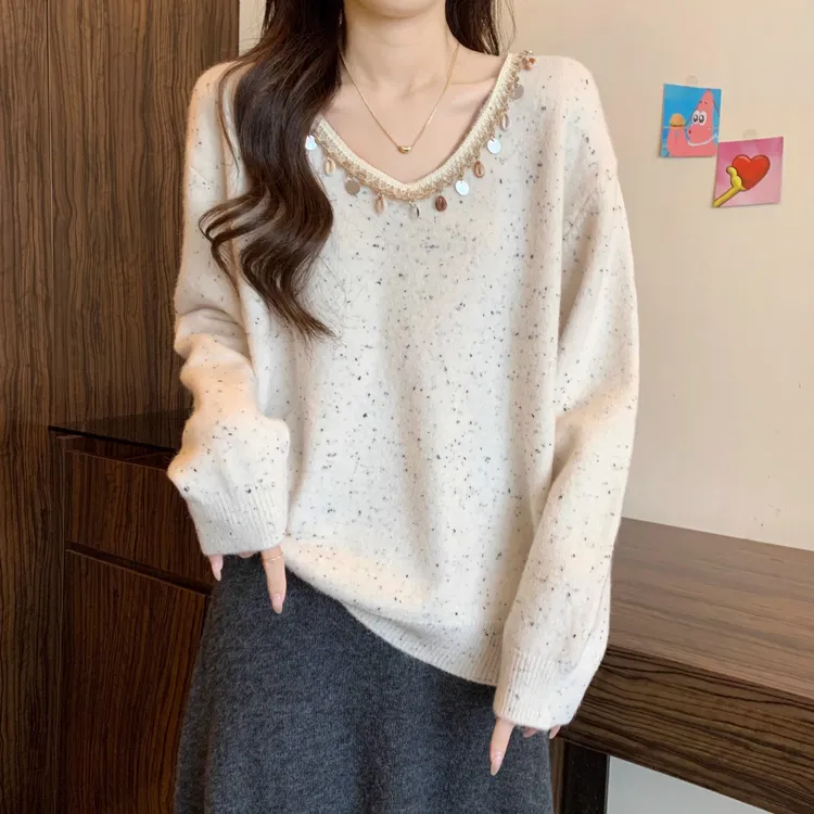 微胖妹妹大码女装微软糯V领亮片毛衣秋冬加厚外穿慵懒针织衫上衣