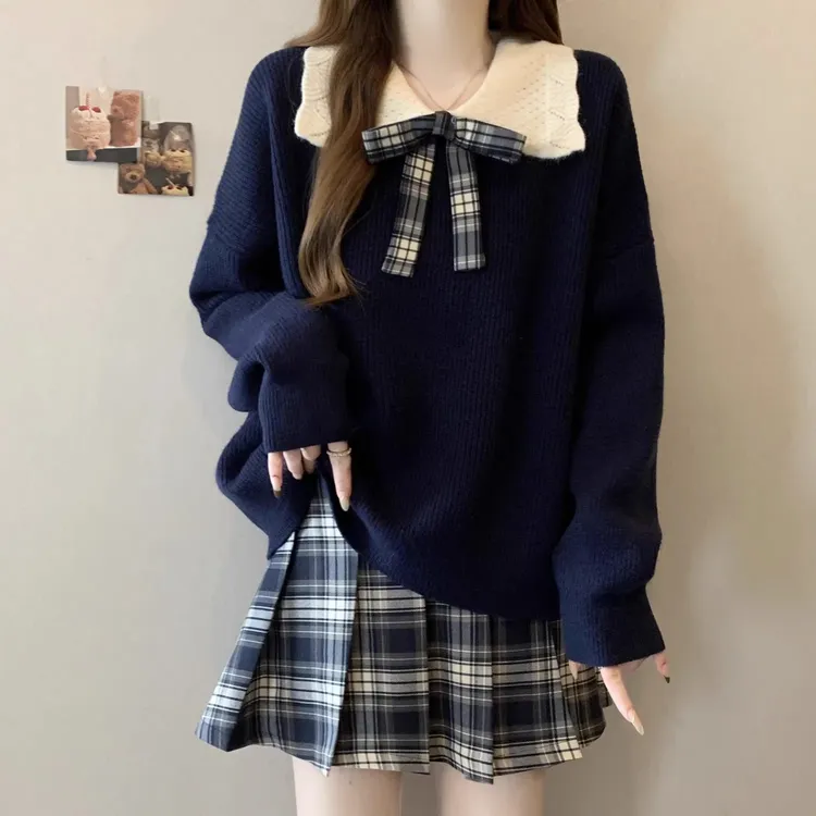 微胖妹妹大码秋冬新款女装藏蓝色娃娃领毛衣学院风针织衫韩系上衣