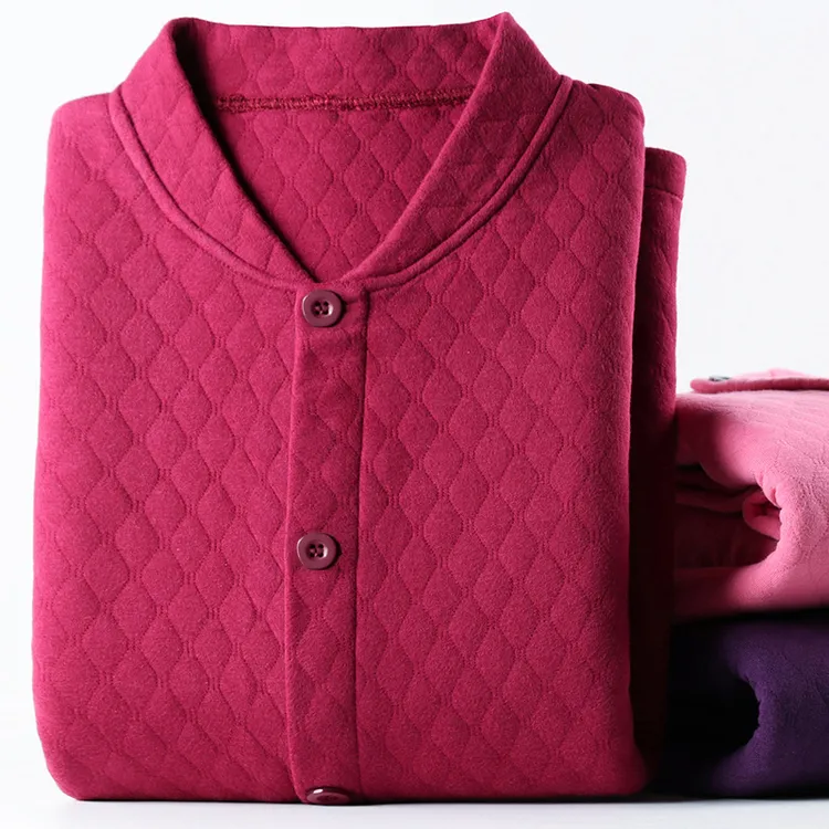 女士中老年人秋衣三层加厚纯棉妈妈保暖内衣秋裤套装夹棉开衫打底