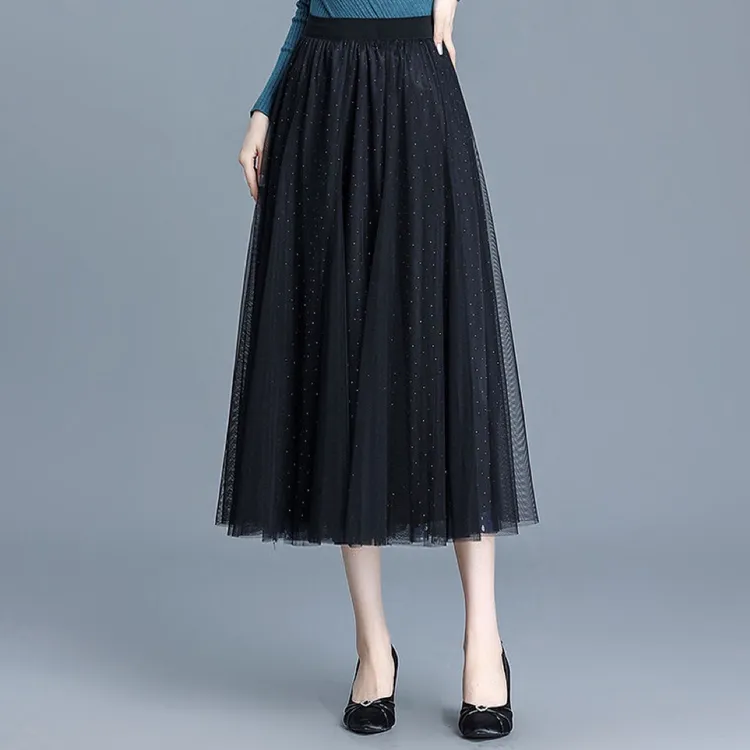 曼舞初曦两面穿网纱半身裙2025四季新款高腰烫钻a字裙过膝长款裙