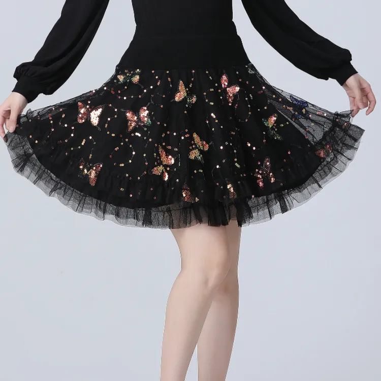 2025新款广场舞春夏半身裙网纱裙显瘦蝴蝶亮片大摆裙黑色舞裙百搭