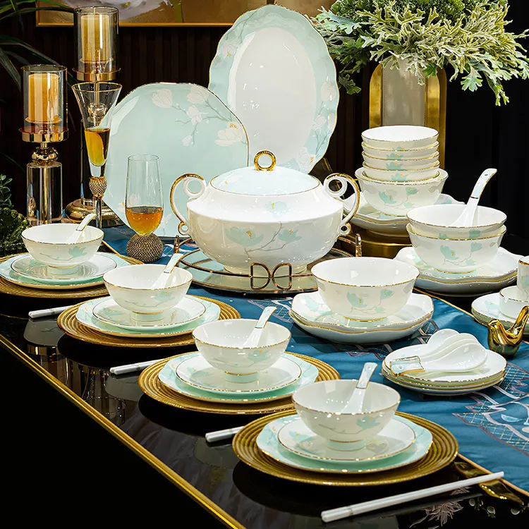 望春玉兰60头景德镇中式八边异形陶瓷餐具套装白瓷碗碗盘餐具家庭