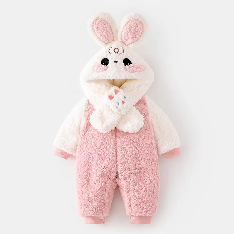 婴儿加绒连体衣秋冬宝宝加厚婴儿外出冬季加厚爬服围巾儿童哈衣