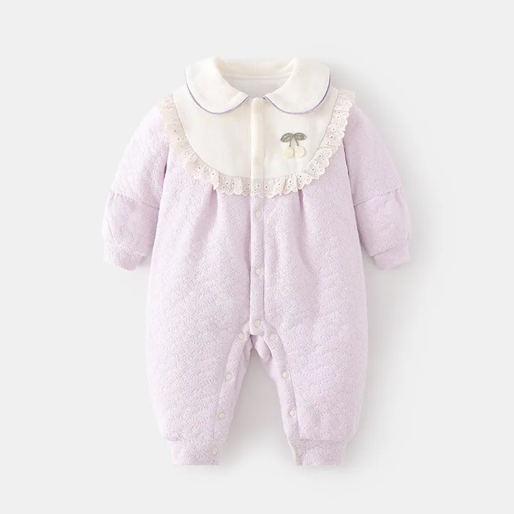 婴儿120克加棉连体衣女宝宝夹棉秋冬无骨哈衣翻领加厚女童爬服