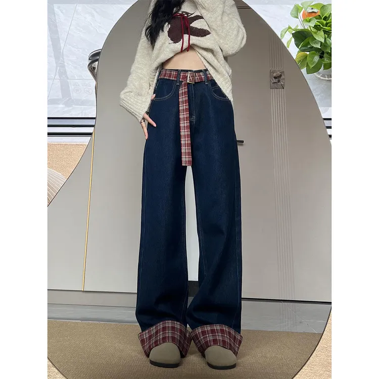 深蓝色格子拼接翻边牛仔裤女2024冬季加绒宽松显瘦梨形身材阔腿裤