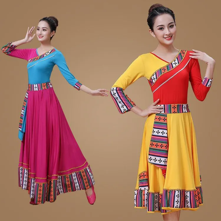 新款藏族舞蹈服广场舞服装女长袖长裙印花民族风跳舞服表演演出服
