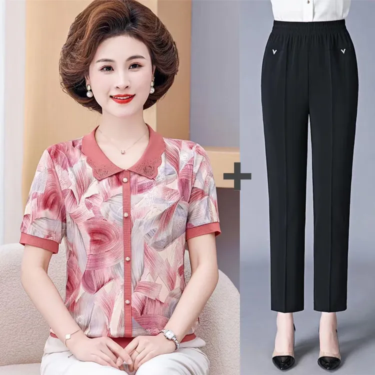 气质妈妈装洋气时尚小衫夏装显瘦中老年休闲薄款妈妈装裤子套装