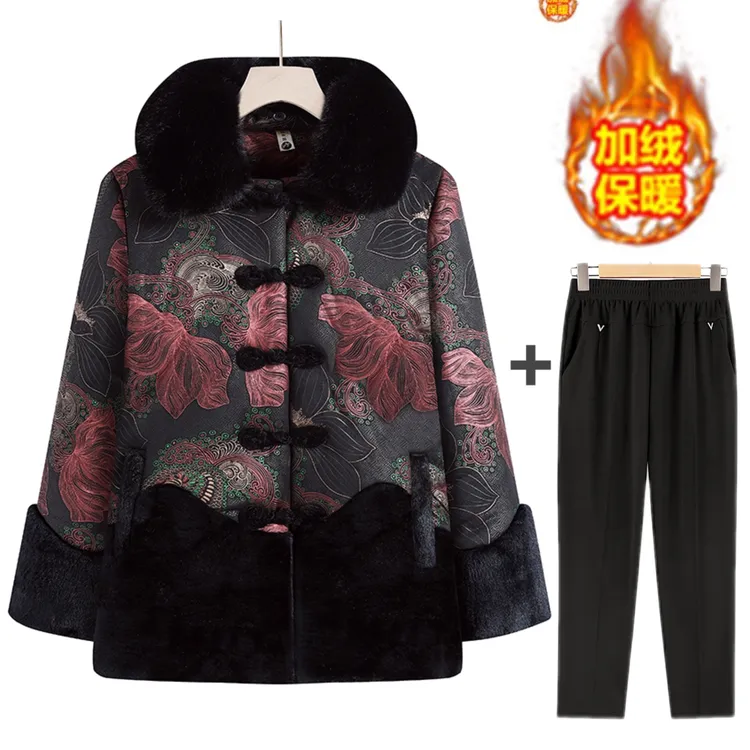 中老年人冬装奶奶翻毛领大衣妈妈装加绒加厚外套老人冬季保暖衣服