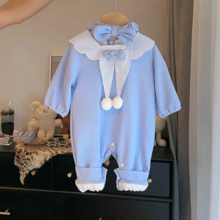 婴儿春秋连体衣韩版双层新款蝴蝶长袖连体衣女宝宝爬服