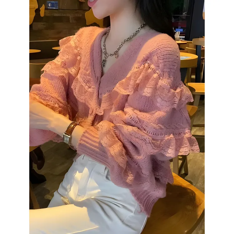 洋气甜美风蕾丝木耳边针织开衫上衣高级感拼接宽松V领长袖毛衣女