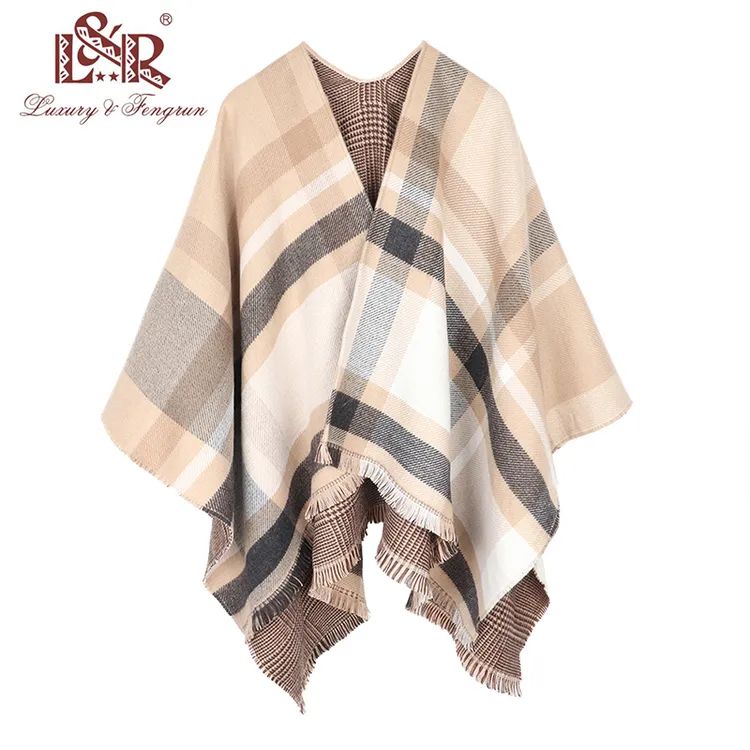 秋冬保暖格子千鸟格双面仿羊绒斗篷披肩夏空调房披风外搭FRA0477