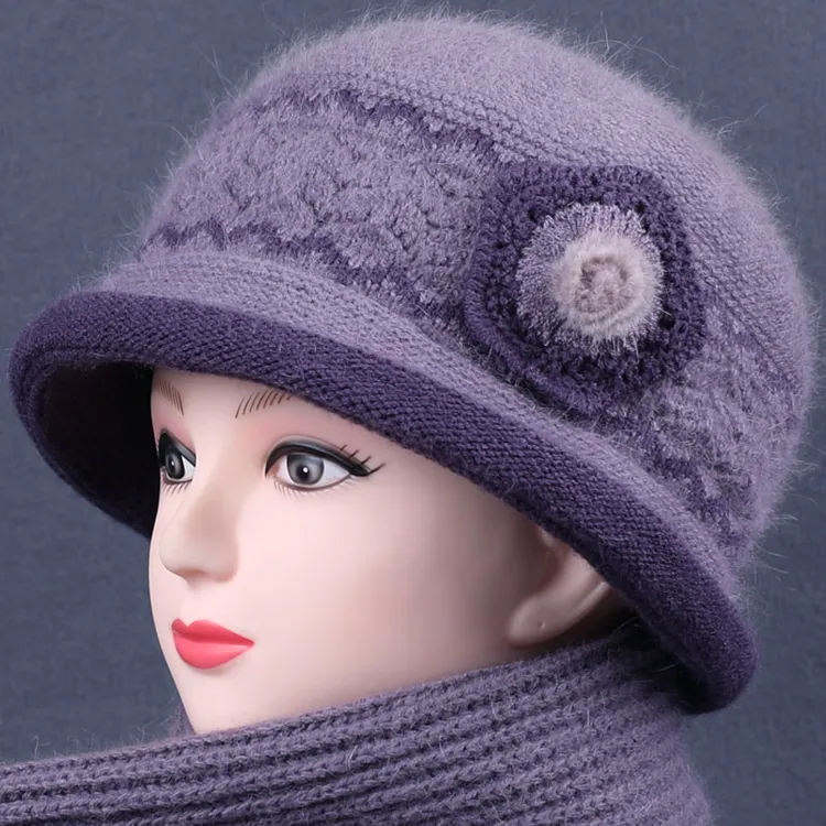 老人帽子女奶奶冬天兔毛线帽妈妈加厚绒护耳保暖帽老太太针织棉帽