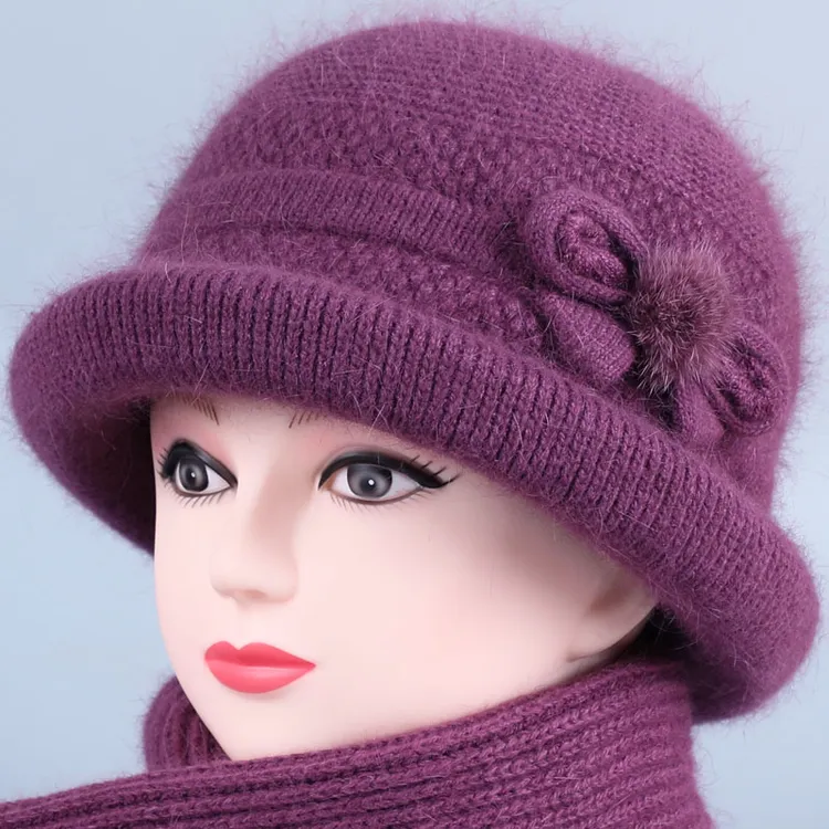 秋冬天妈妈帽子女士加绒厚保暖帽中老年人奶奶针织毛线帽兔毛棉帽