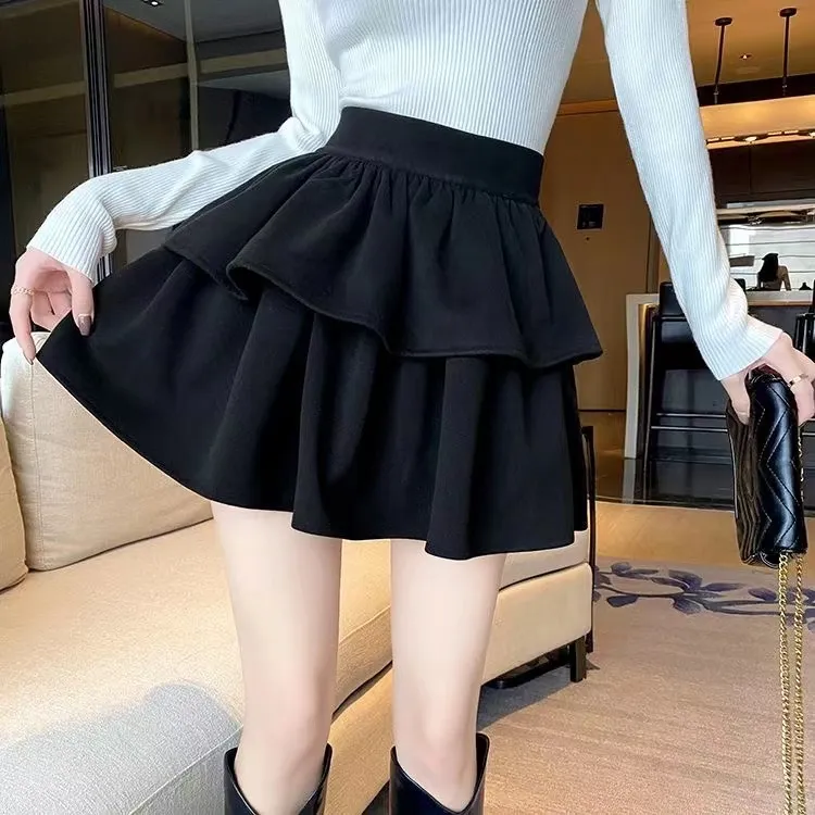 时尚蓬蓬半身裙女秋冬高腰显瘦毛呢蛋糕裙小个子百褶裙a字裙短裙