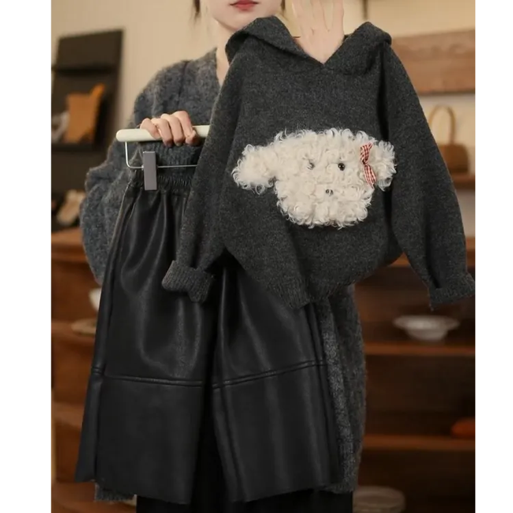 xZ-KY045可爱立体毛绒小狗针织毛衣2024秋冬新款加绒保暖皮裤