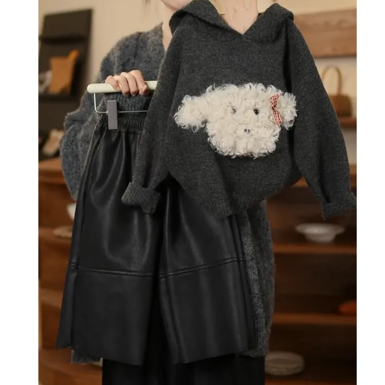 Z-KY045女童可爱卡通卷毛小狗连帽针织毛衣2025秋冬新款