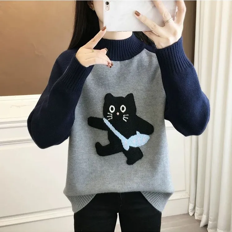 初中生半高领卡通猫咪毛衣少女秋冬内搭高中学生女大童打底针织衫