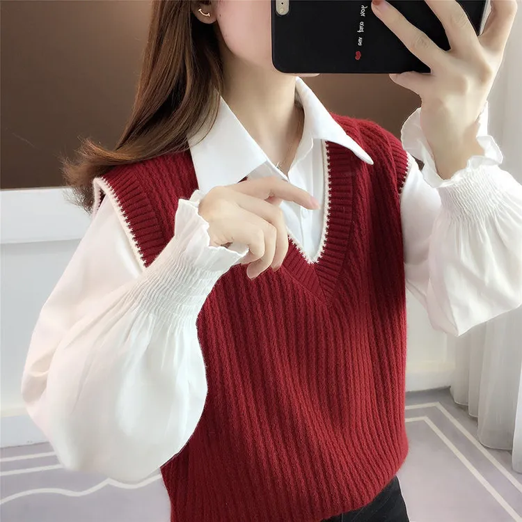 秋冬网红马夹背心春秋季外穿新款衬衫两件套女士毛衣马甲针织内搭