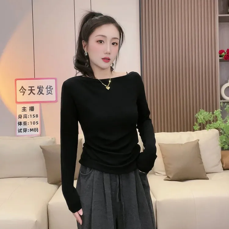 2024洋气新款黑色打底衫女长袖露肩一字肩设计感显瘦上衣0001-29