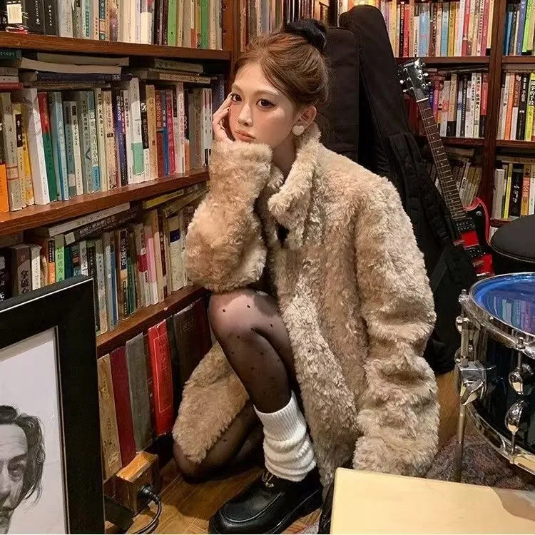 富人区2.0 环保皮毛一体毛毛外套女冬立领加厚宽松中长款毛绒大衣