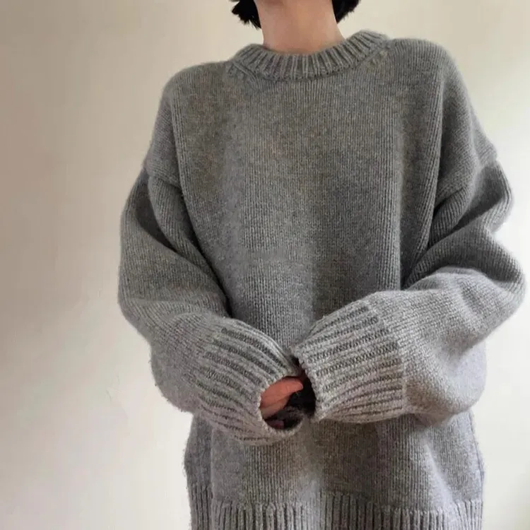 ROW风灰毛衣 厚实挺阔羊绒羊毛宽松圆领廓形针织衫秋冬加厚外套