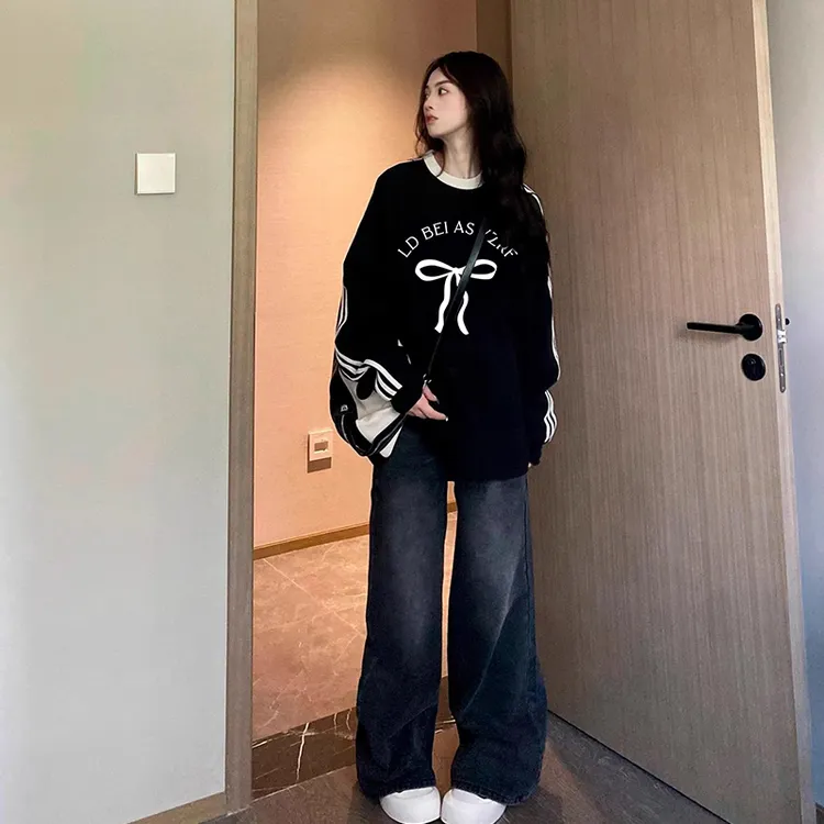 【帝韵】美式复古黑色条纹卫衣女春秋薄款宽松长袖无帽圆领上衣外套