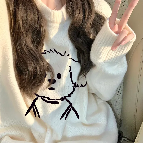 【帝韵】新款软糯线条小狗毛衣女秋冬宽松休闲针织衫套头慵懒风上衣