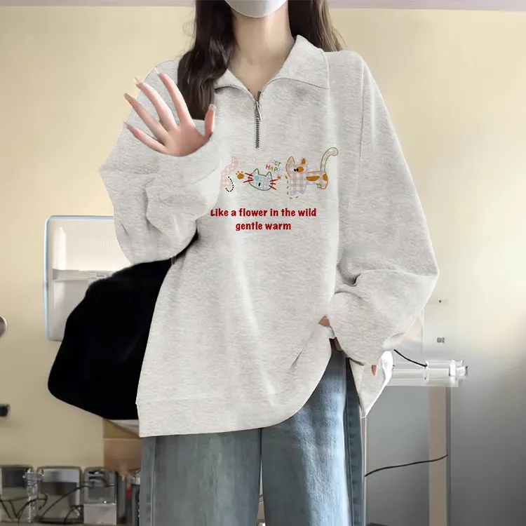 【帝韵】polo领半拉链卫衣女春秋薄款2024新款宽松慵懒风设计感上衣