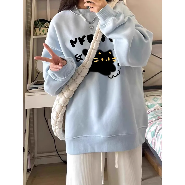 【帝韵】圆领加绒卫衣女秋冬小众设计感宽松慵懒风oversize无帽上衣