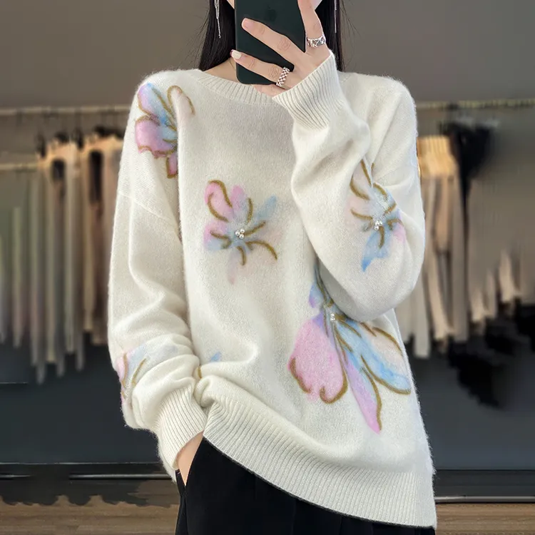 羊毛衫女圆领秋冬新款提花宽松拼色套头韩版纯色浣熊绒时尚女上衣