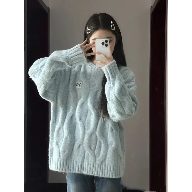 高中生韩系麻花圆领毛衣女秋冬装初中生少女时尚加厚针织上衣15岁