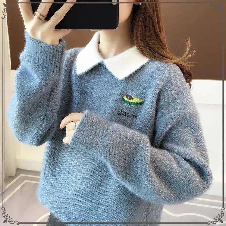 2023秋冬装少女毛衣加绒加厚初中生宽松针织上衣11-18岁学生洋气