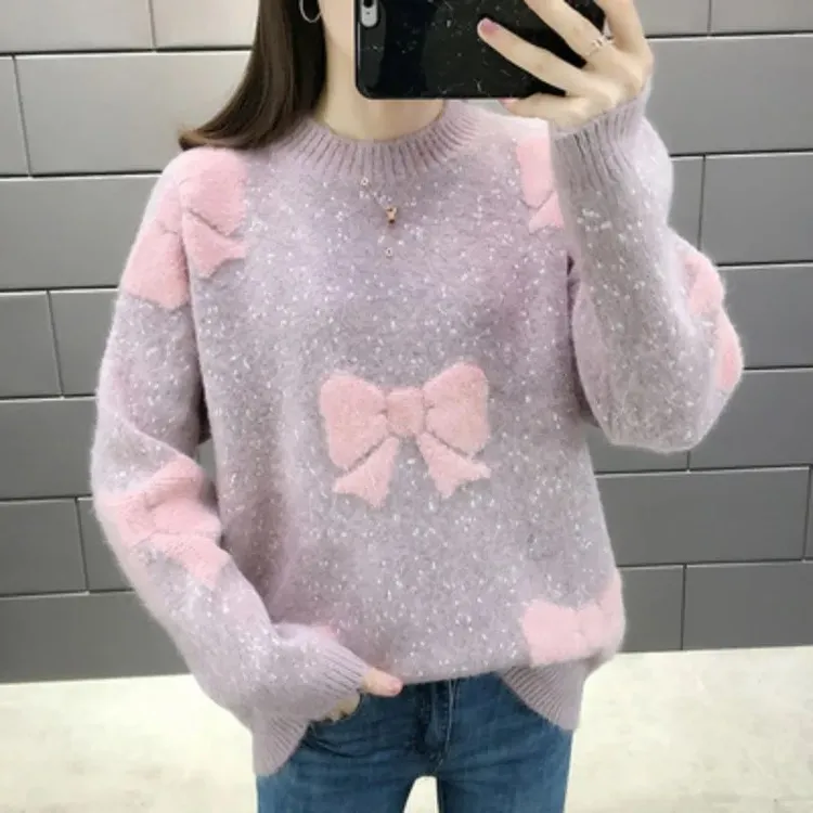 初中生女秋冬装蝴蝶结毛衣加绒时尚洋气高中生学生少女上衣15岁16