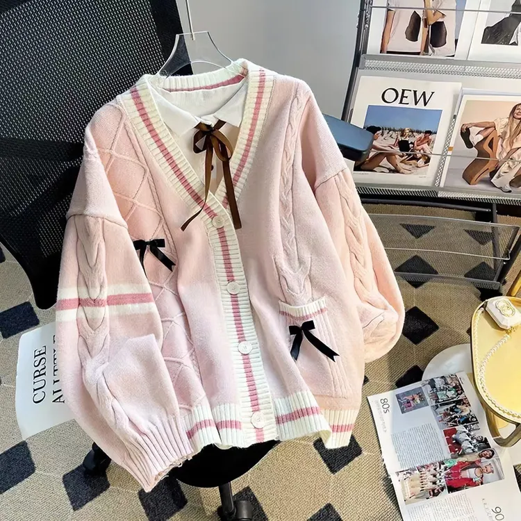 日系蝴蝶结可爱初中生女春秋装粉色学生针织毛衣开衫外套女学院风