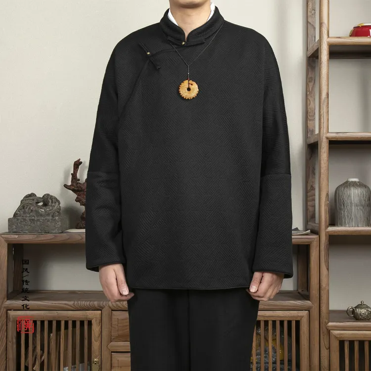 春秋新款中国风复古立领男士改良盘扣新中式薄款针织唐装外套时尚