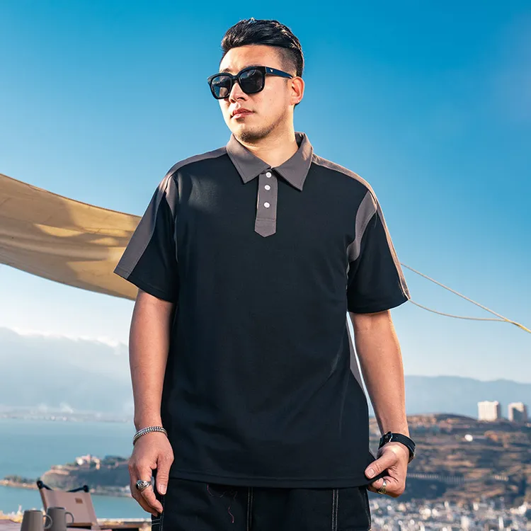 大码男装男士翻领短袖POLO衫2024夏季新款潮牌拼接T恤上衣