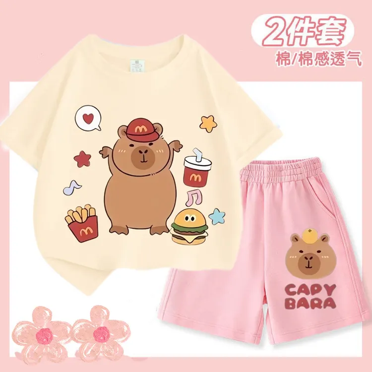 卡皮巴拉水豚可爱水豚君套装半袖纯棉t恤衫男女儿童装休闲五分裤a