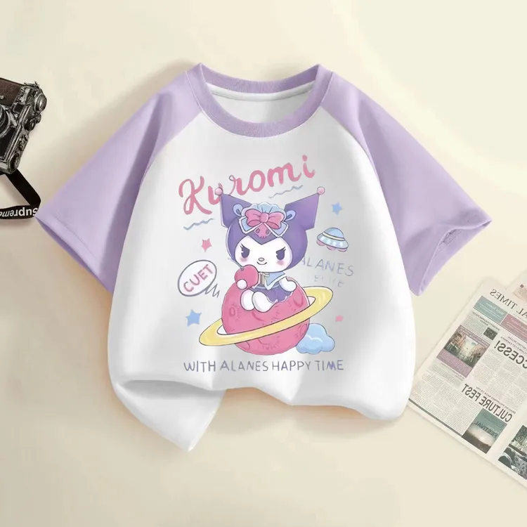 库洛米儿童衣服夏季透气打底落肩袖上衣2024新款女童插肩短袖t3