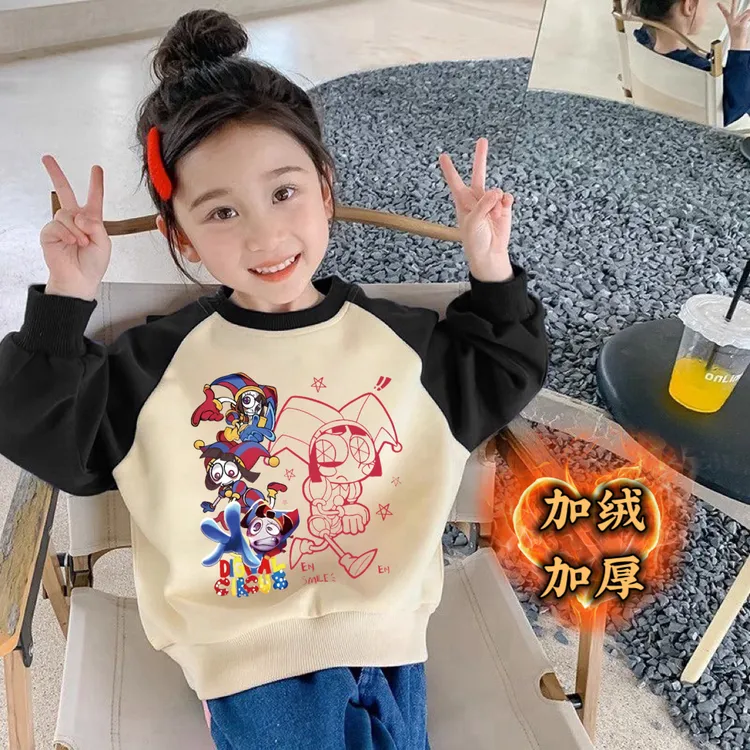神奇数字马戏团衣服圆领插肩卫衣儿童秋冬加绒卡通印花女童上衣