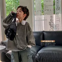 甜妈家 儿童洋气秋装新款做旧假两件T恤长袖男童宽松上衣