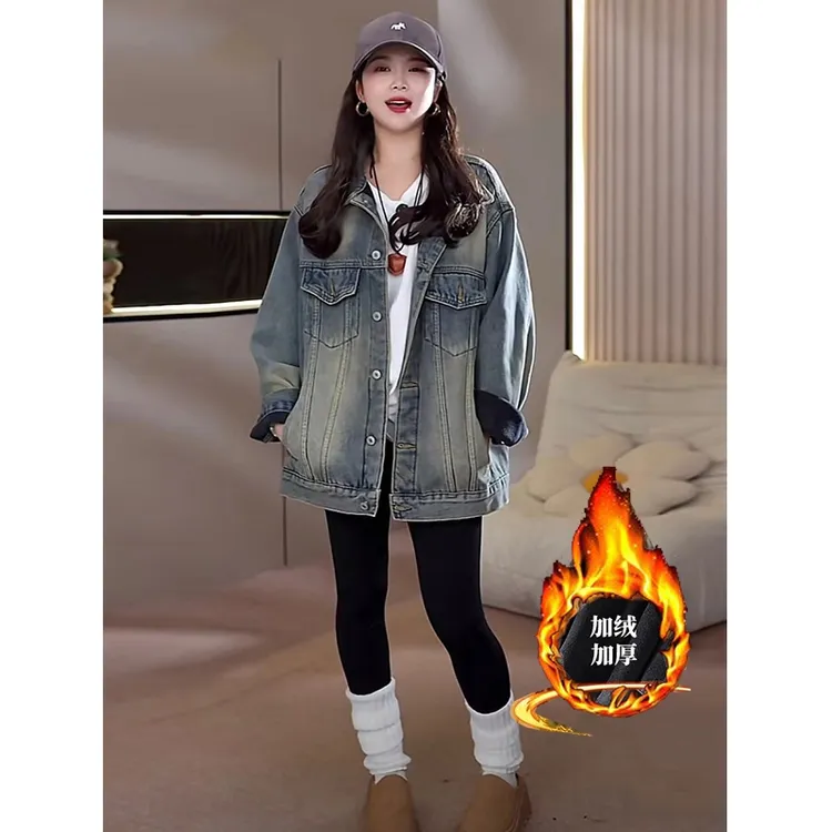 美式复古加绒加厚牛仔外套女秋冬男女同款情侣保暖工装夹克上衣潮
